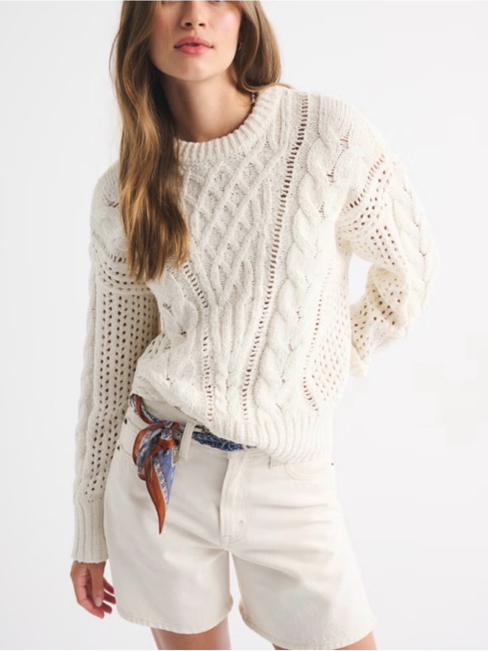 Abercrombie Fitch NWT Sz Small Textural Stitch Cable Crew Sweater Cream